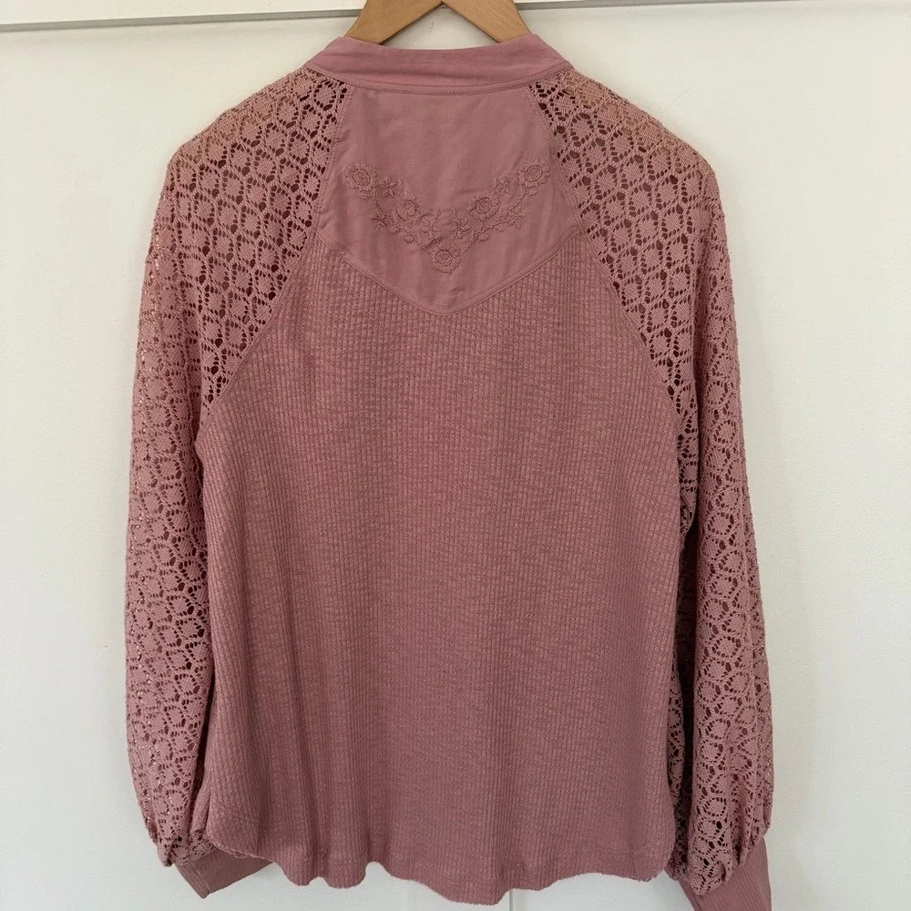 Free People Women's Sweetest Thing Thermal Pink Blush Top Lace Balloon‎ Sleeve M
